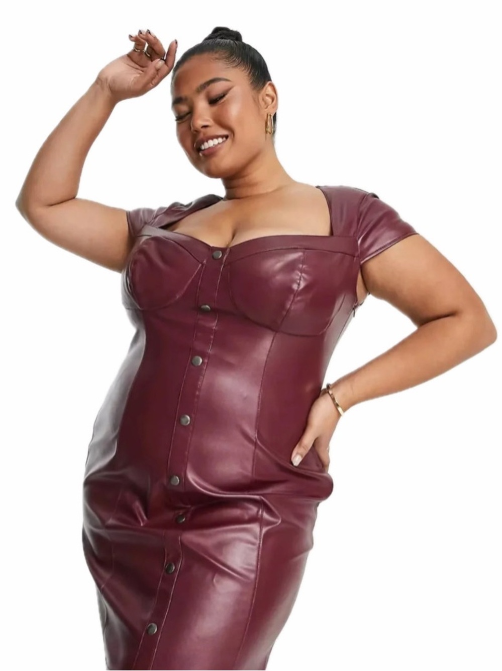 ASOS DESIGN WOMEN 24 PLUS SIZE LEATHER BUTTON MINI DRESS IN WINE NWT